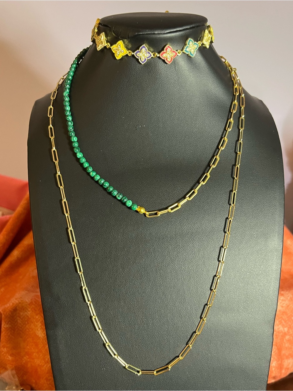 Gold Multi-Layer Paperclip Necklaces and Gorgeous Alhambra Clover Bracelet